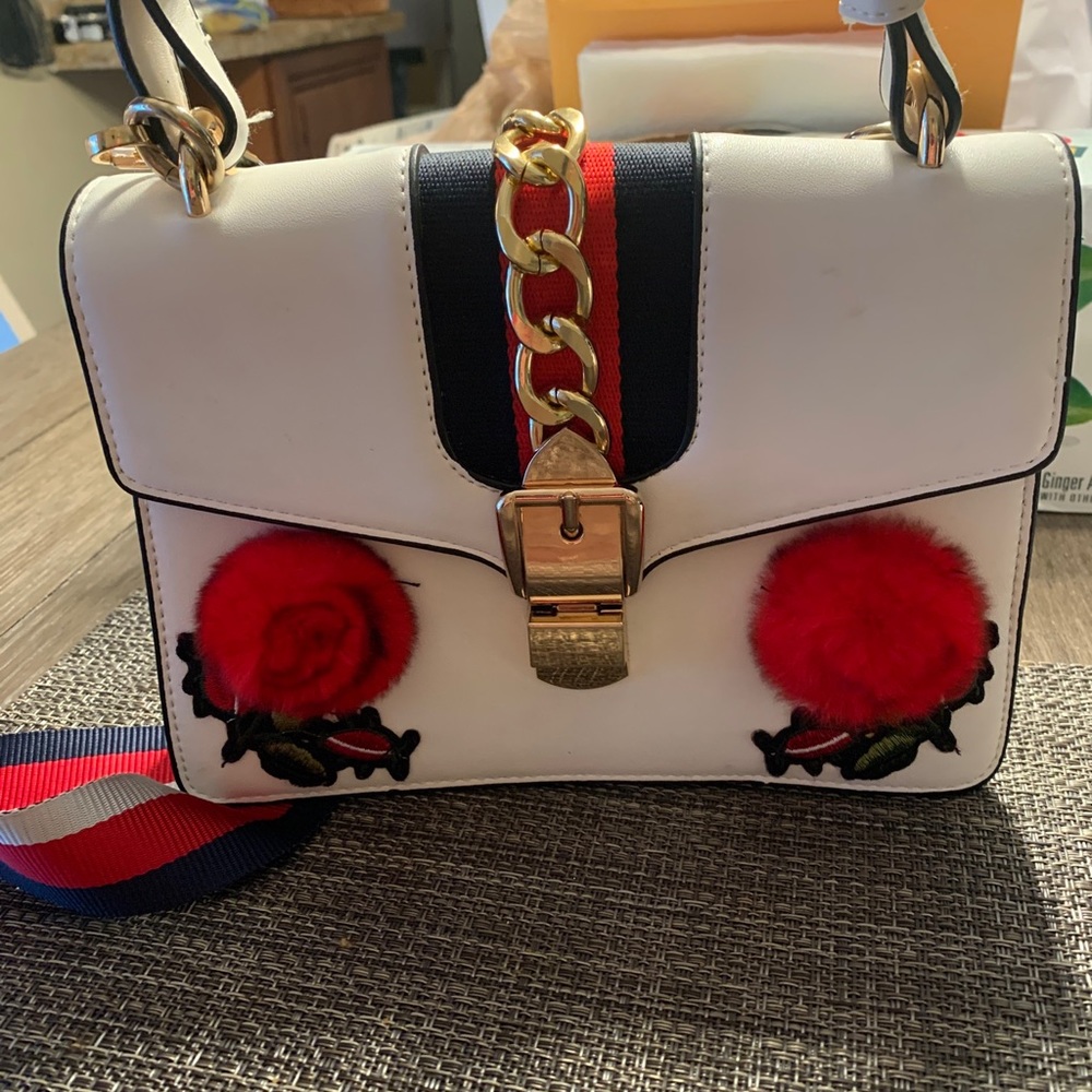 White Multi Leather Canvas Women’s Handbag with Flowers